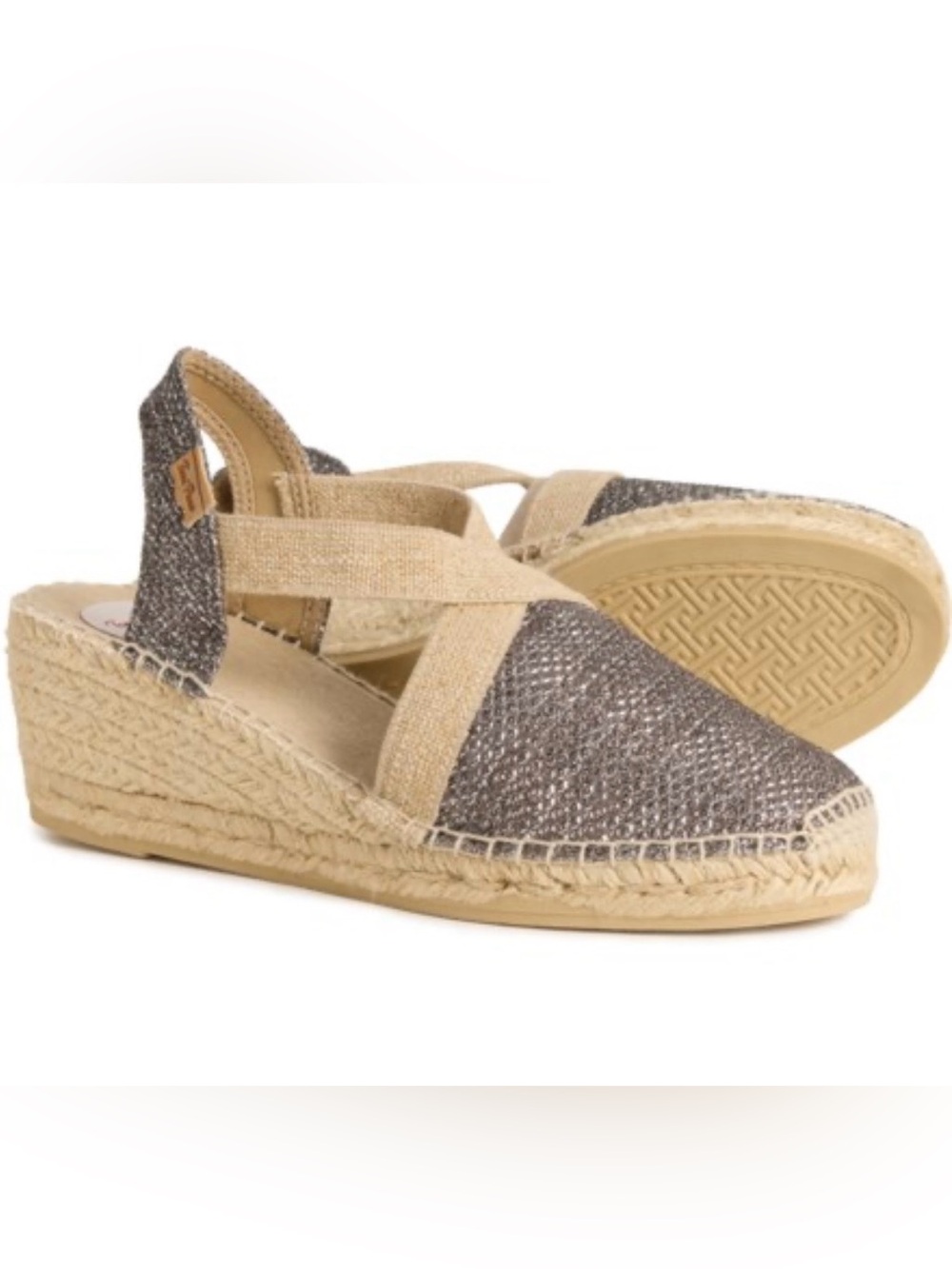 Toni Pons Women's Metallic Gray Espadrille Flats with Tan Elastic